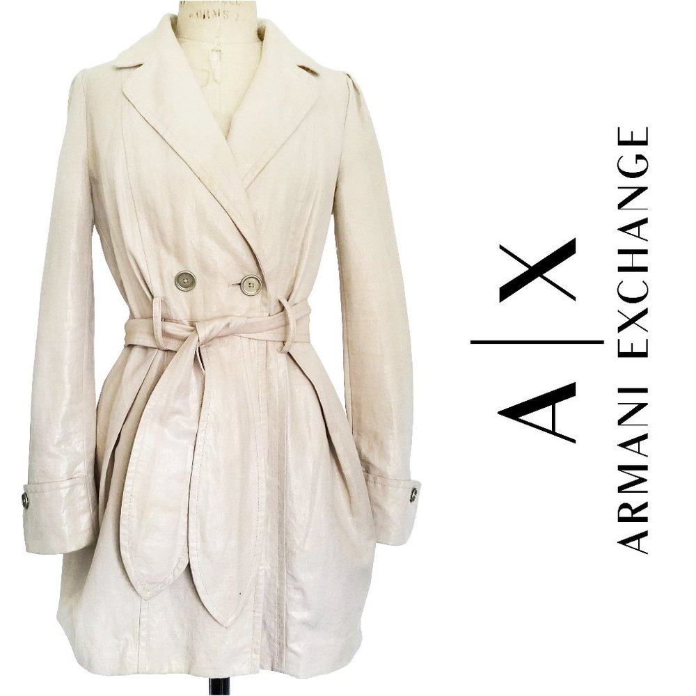 AX Armani Exchange Womens Linen Trench Coat Tan with Metallic Gold Thread  M